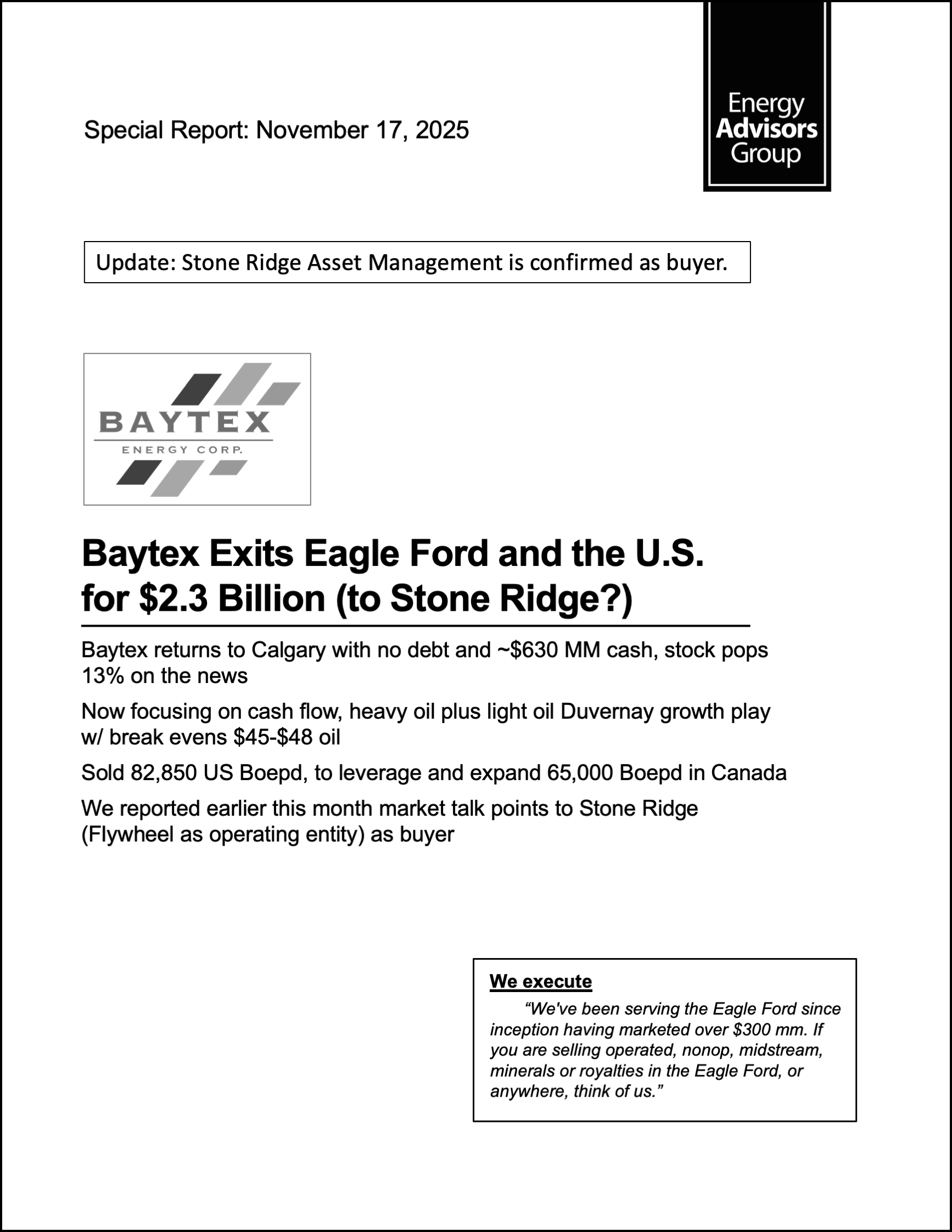 DEAL ALERT (BAYTEX SELLS E/F) - Energy Advisors Group DEAL ALERT (BAYTEX SELLS E/F)